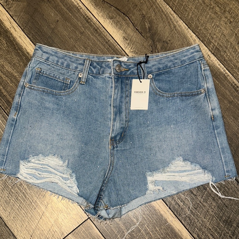 Forever 21 Blue Jean Shorts with Distressed Details